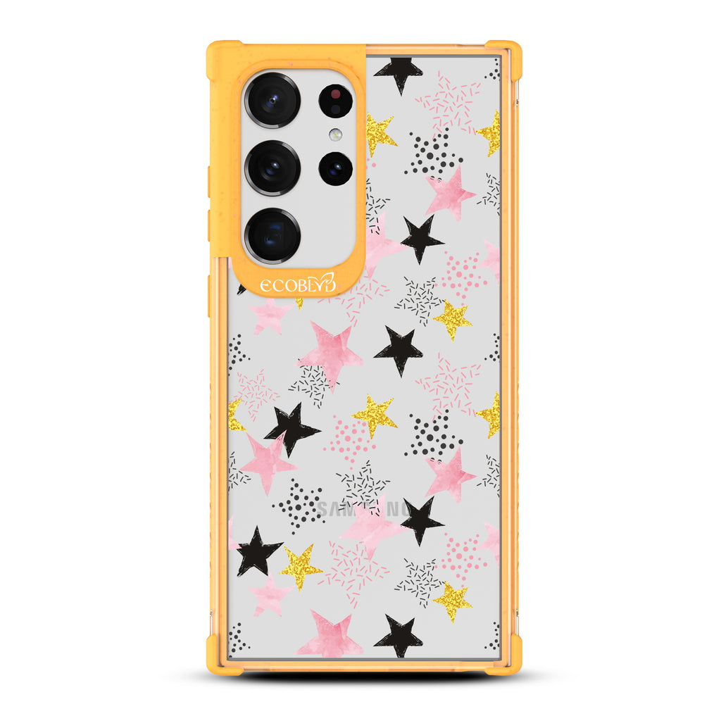 Champagne Supernova - Yellow Eco-Friendly Galaxy S23 Ultra Case with Pink & Gold, White Stars and On A Clear Back