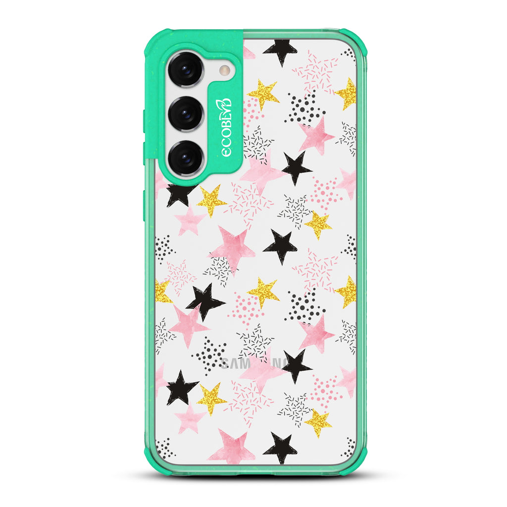 Champagne Supernova - Green Eco-Friendly Galaxy S23 Plus Case with Pink & Gold, White Stars and On A Clear Back