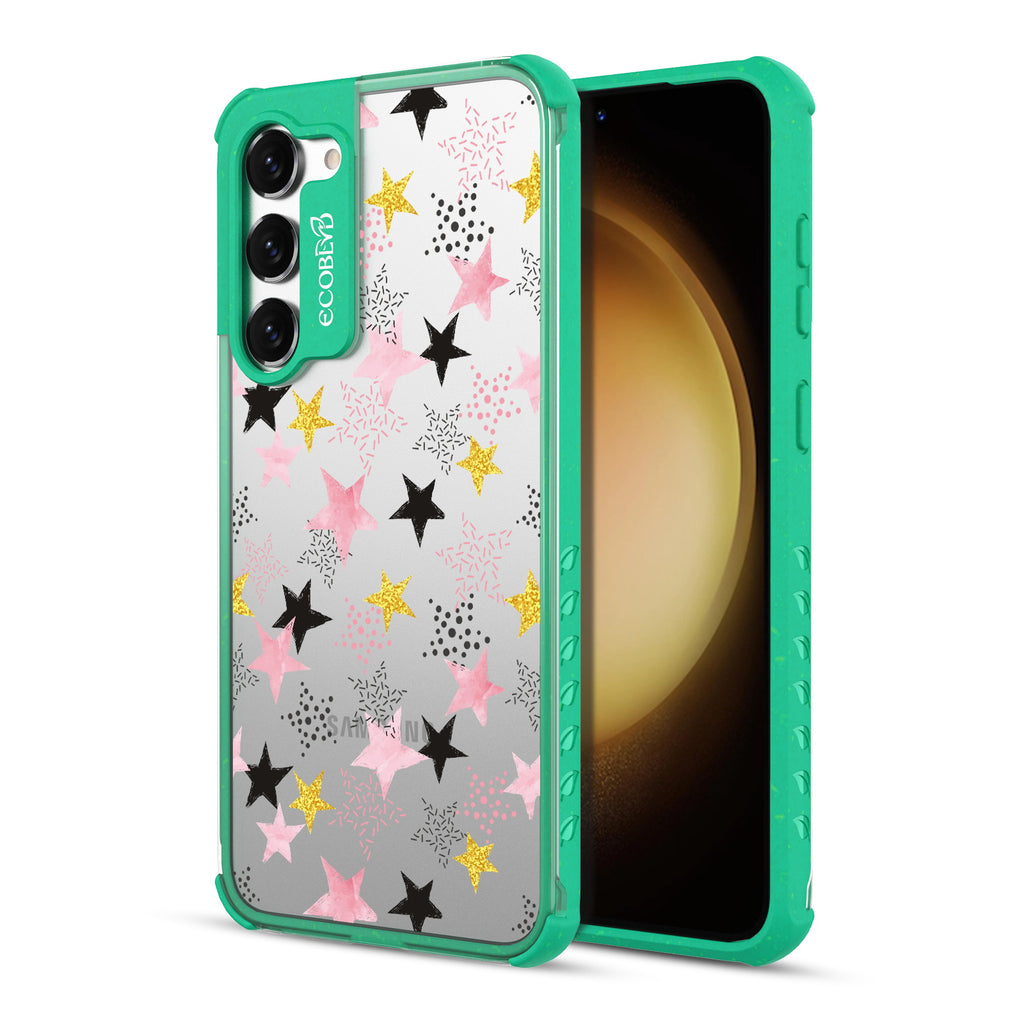 Champagne Supernova - Back View Of Green & Clear Eco-Friendly Galaxy S23 Case & A Front View Of The Screen