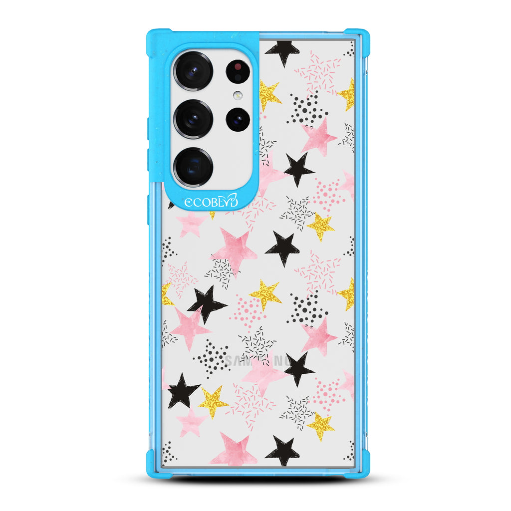 Champagne Supernova - Blue Eco-Friendly Galaxy S23 Ultra Case with Pink & Gold, White Stars and On A Clear Back