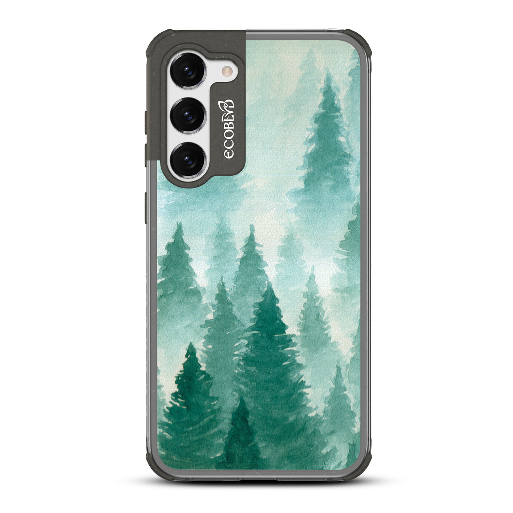 Winter Pine - Black Eco-Friendly Galaxy S23 Plus Case With With A Watercolor Pine Tree Forest Print On A Clear Back