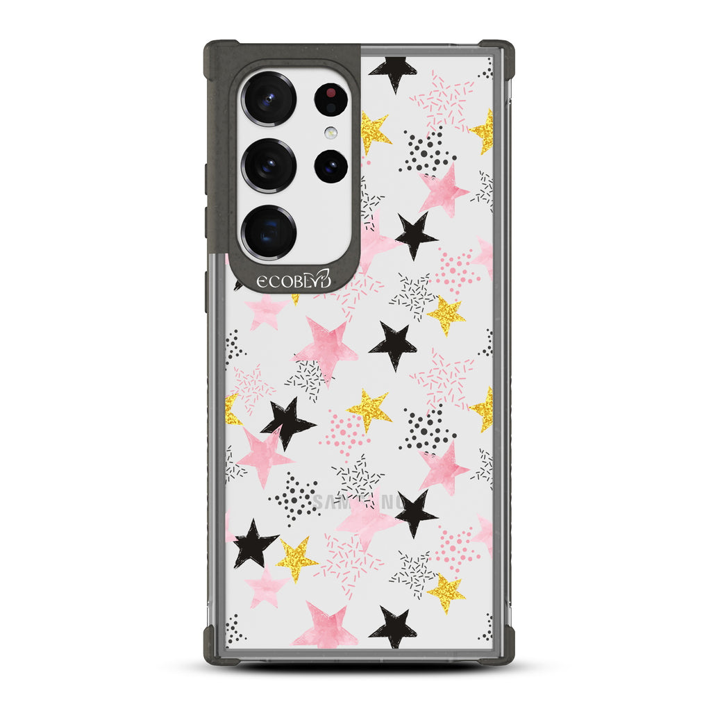 Champagne Supernova - Black Eco-Friendly Galaxy S23 Ultra Case with Pink & Gold, White Stars and On A Clear Back