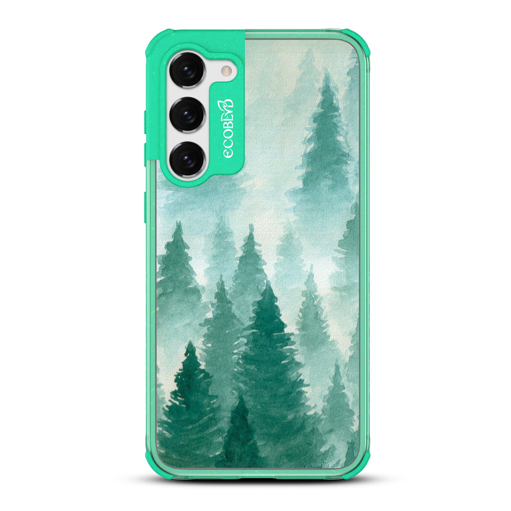 Winter Pine - Green Eco-Friendly Galaxy S23 Case With With A Watercolor Pine Tree Forest Print On A Clear Back