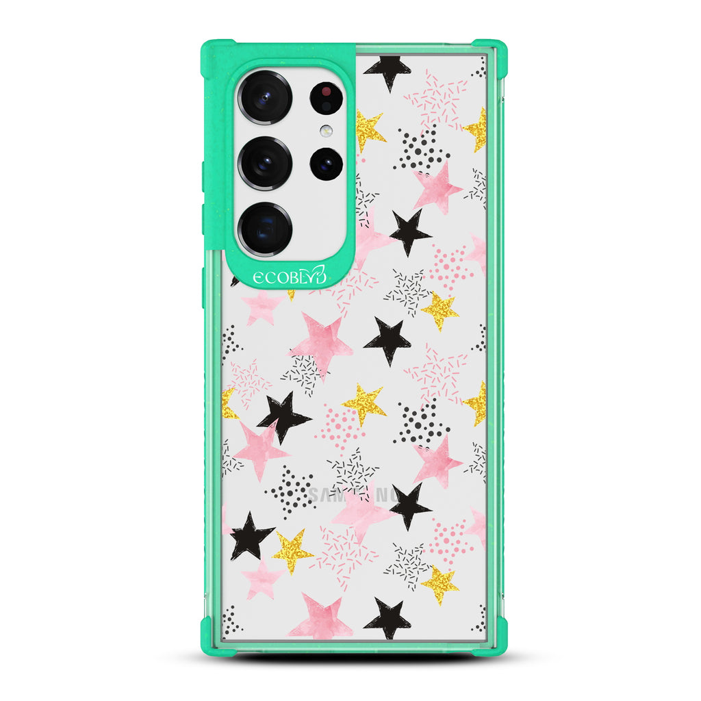Champagne Supernova - Green Eco-Friendly Galaxy S23 Ultra Case with Pink & Gold, White Stars and On A Clear Back