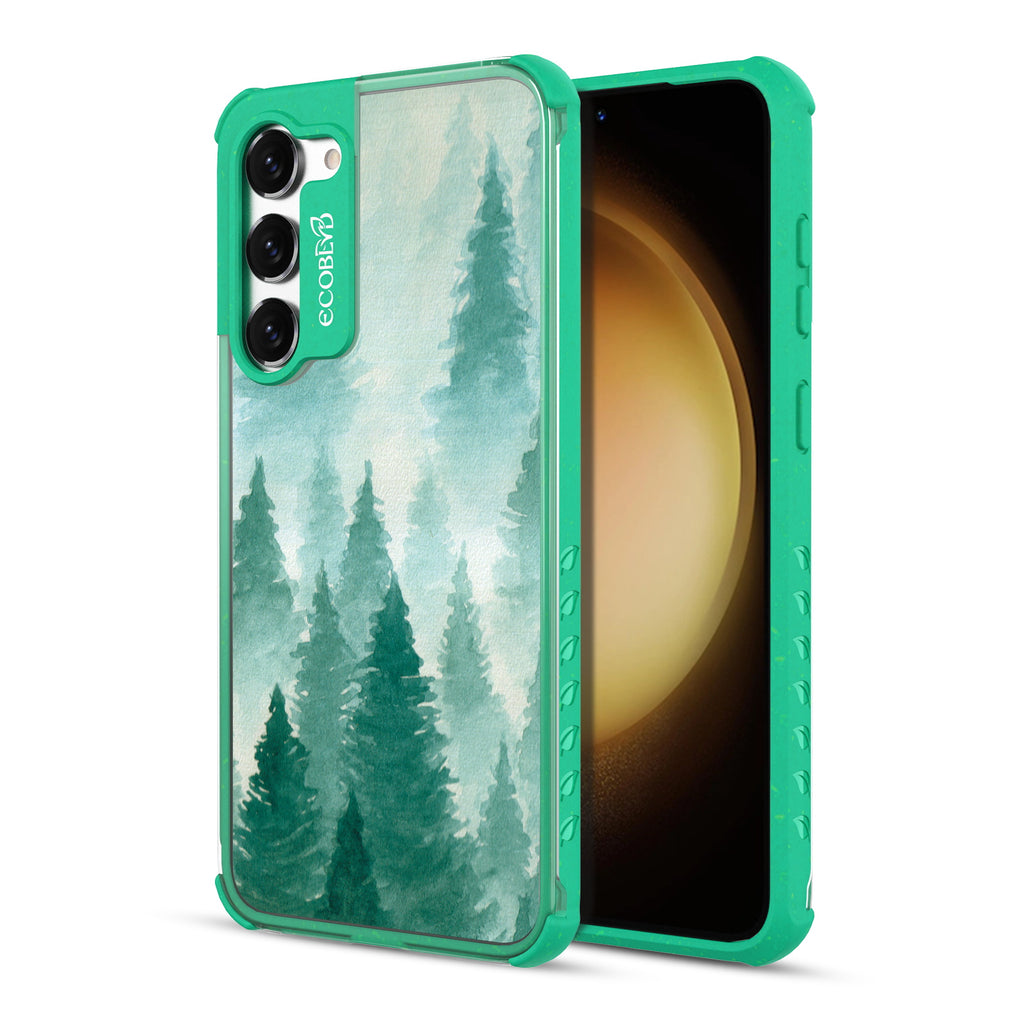 Winter Pine - Back View Of Green & Clear Eco-Friendly Galaxy S23 Plus Case & A Front View Of The Screen