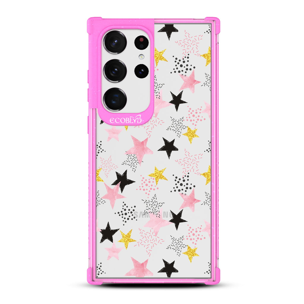 Champagne Supernova - Pink Eco-Friendly Galaxy S23 Ultra Case with Pink & Gold, White Stars and On A Clear Back