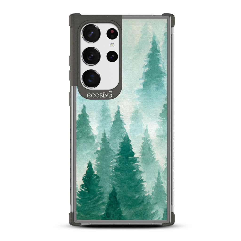 Winter Pine - Black Eco-Friendly Galaxy S23 Ultra Case With With A Watercolor Pine Tree Forest Print On A Clear Back
