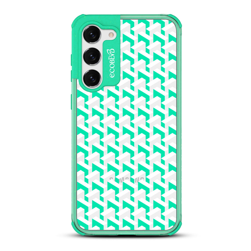 That?€?s Haute - Green Eco-Friendly Galaxy S23 Case With A High-Fashion Chevron Print On A Clear Back