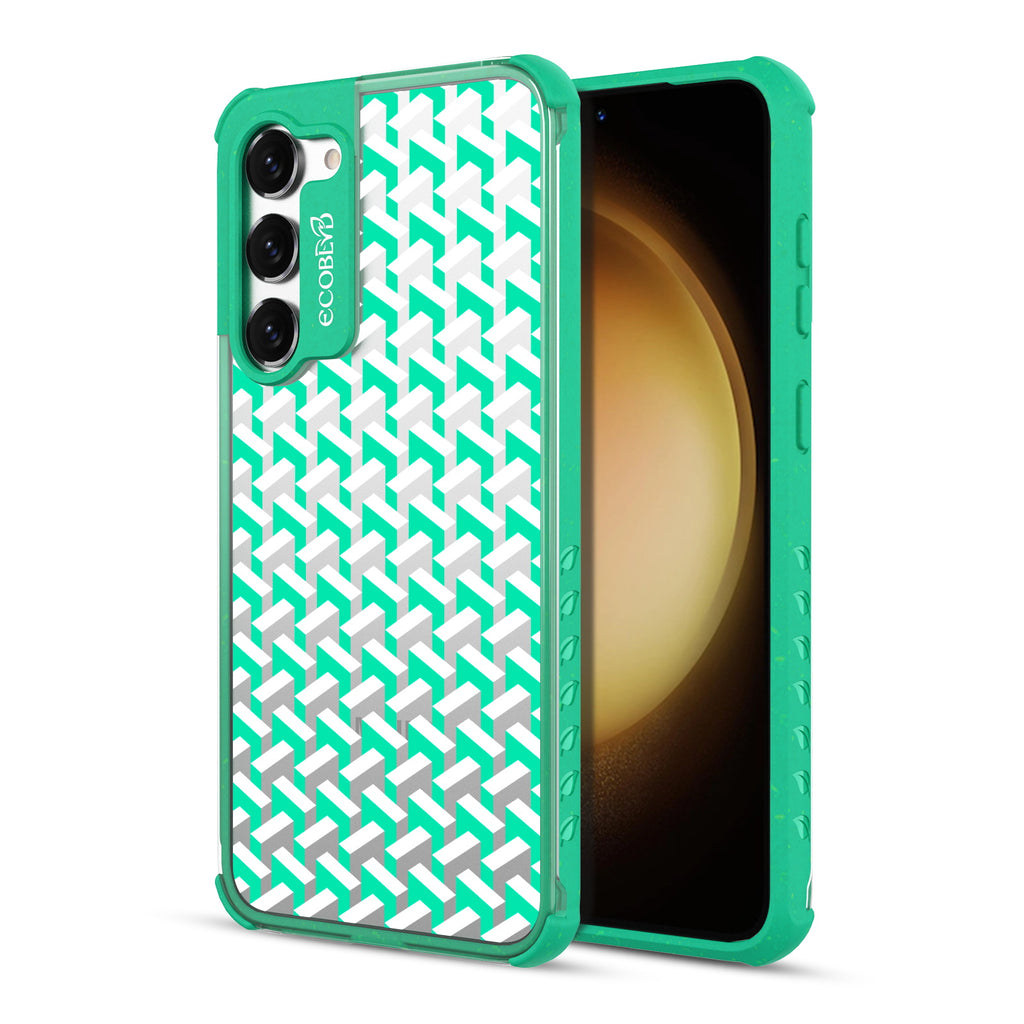 That?€?s Haute - Back View Of Green & Clear Eco-Friendly Galaxy S23 Case & A Front View Of The Screen