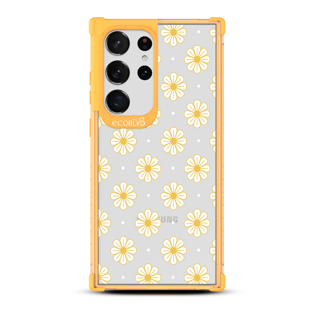 Daisy - Yellow Eco-Friendly Galaxy S23 Ultra Case with Yellow Outlined Daisies On A Clear Back