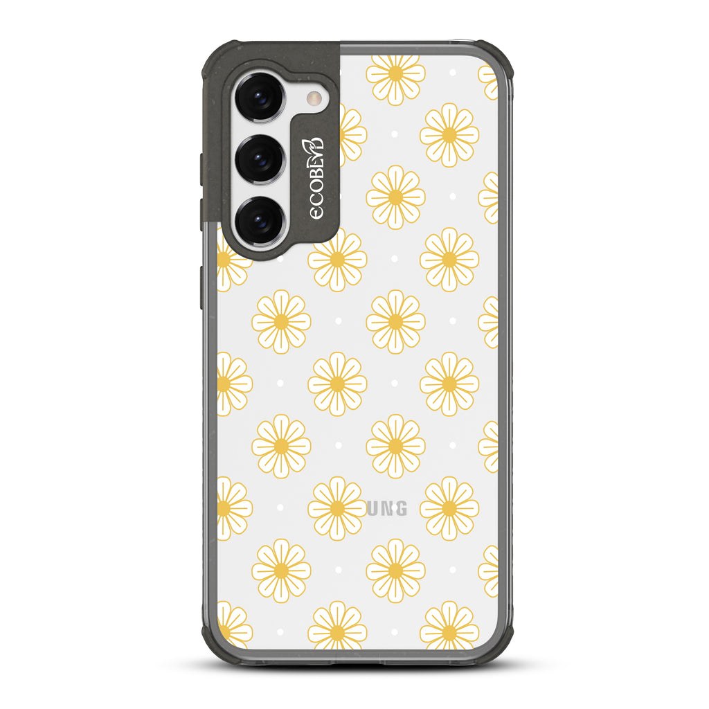 Daisy - Black Eco-Friendly Galaxy S23 Case with Yellow Outlined Daisies On A Clear Back