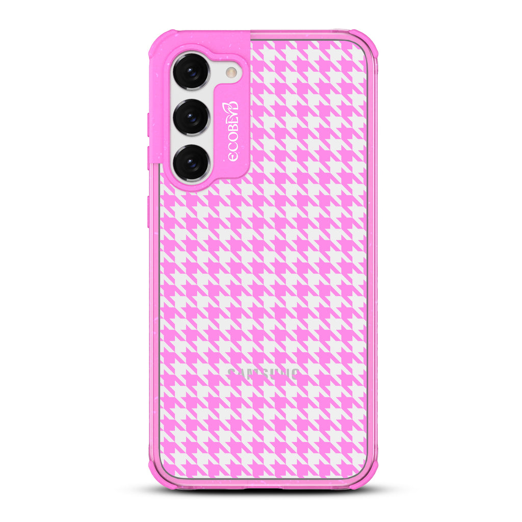 Houndstooth - Pink Eco-Friendly Galaxy S23 Case With A With A Plaid Houndstooth Pattern On A Clear Back