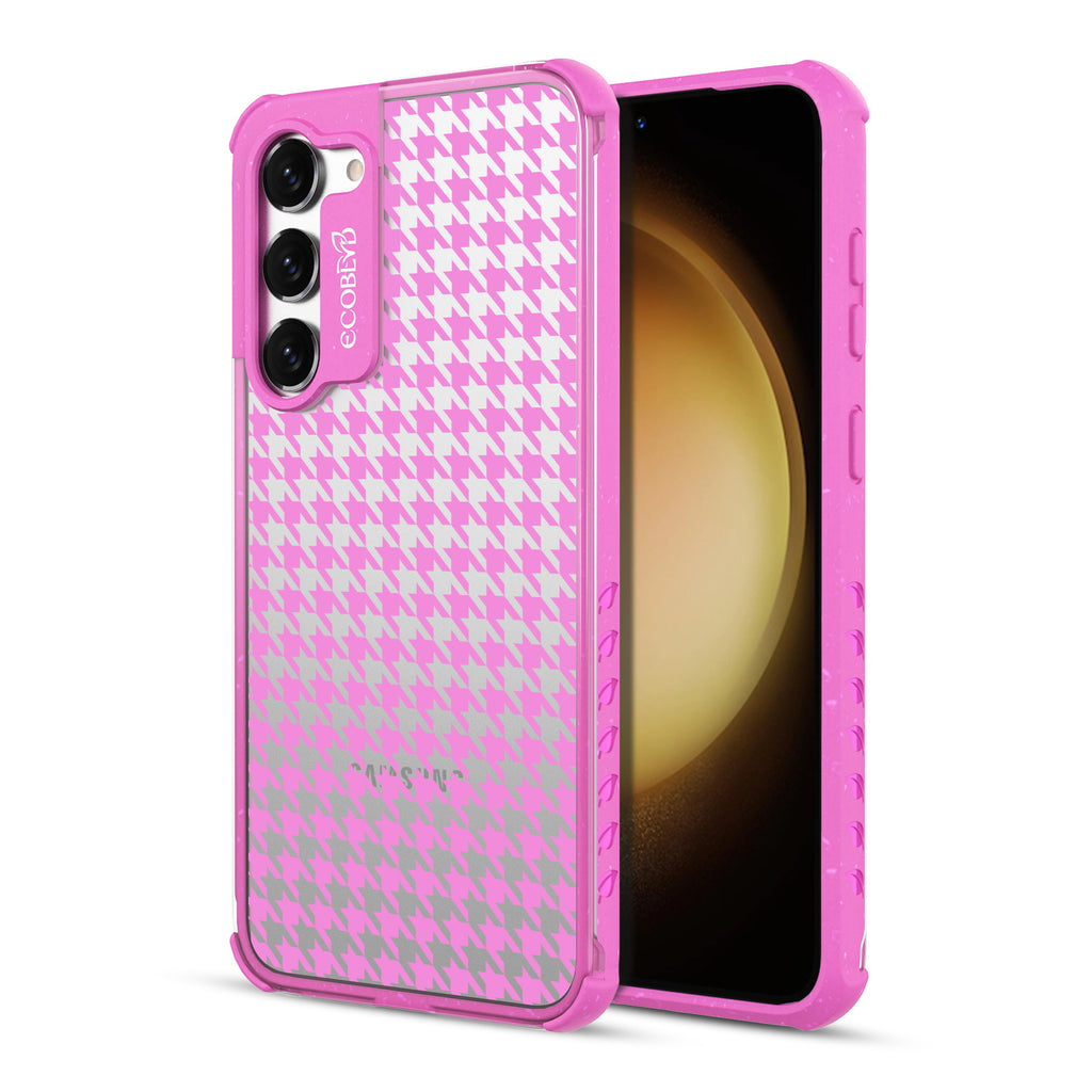  Honeycomb - Back View Of Pink & Clear Eco-Friendly Galaxy S23 Case & A Front View Of The Screen