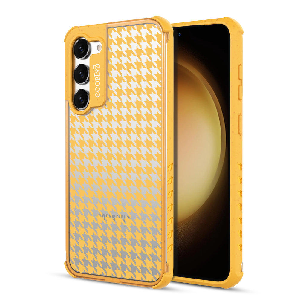 Honeycomb - Back View Of Yellow & Clear Eco-Friendly Galaxy S23 Case & A Front View Of The Screen