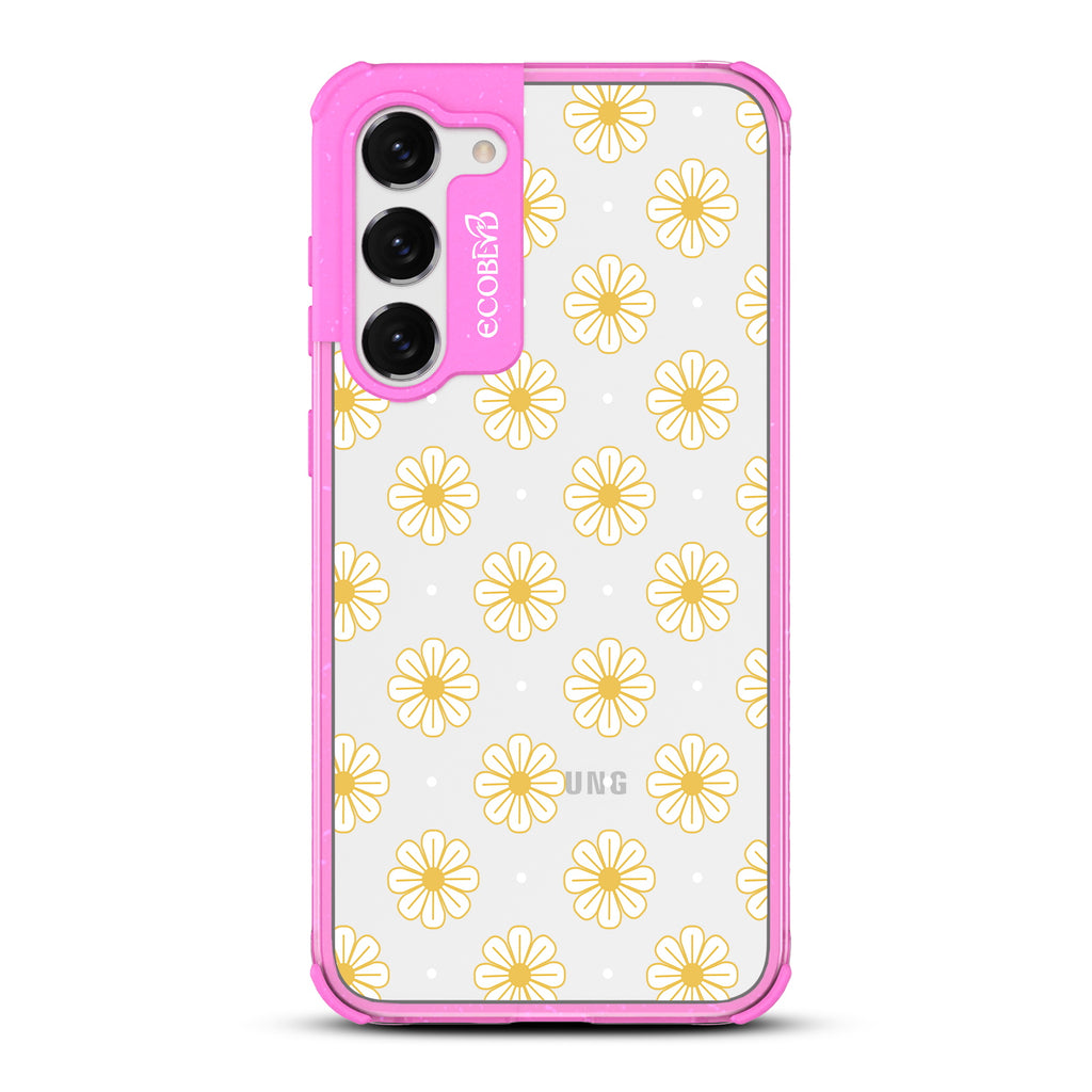Daisy - Pink Eco-Friendly Galaxy S23 Case with Yellow Outlined Daisies On A Clear Back