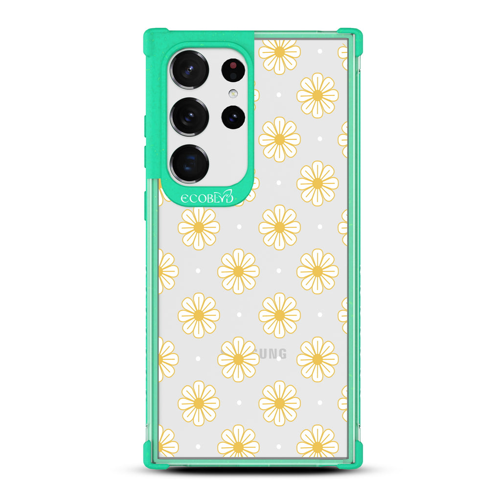 Daisy - Green Eco-Friendly Galaxy S23 Ultra Case with Yellow Outlined Daisies On A Clear Back