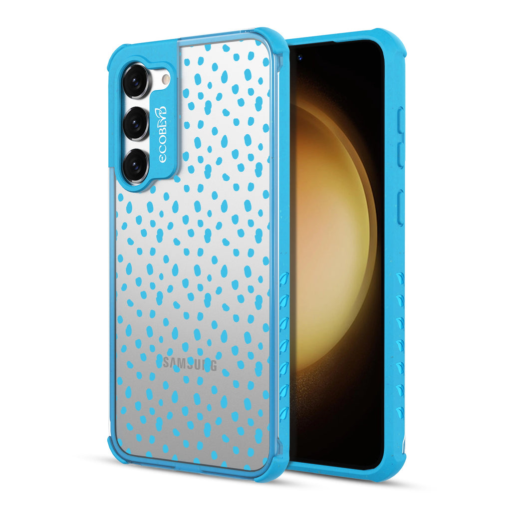 On The Dot - Back View Of Blue & Clear Eco-Friendly Galaxy S23 Case & A Front View Of The Screen