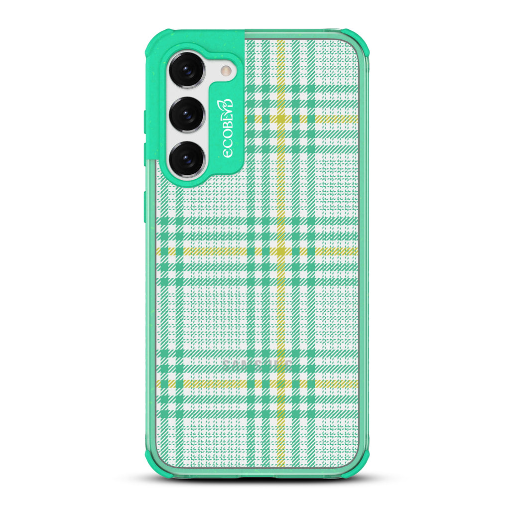 As If - Green Eco-Friendly Galaxy S23 Case with Green/Yellow Nova Check Plaid Print On A Clear Back