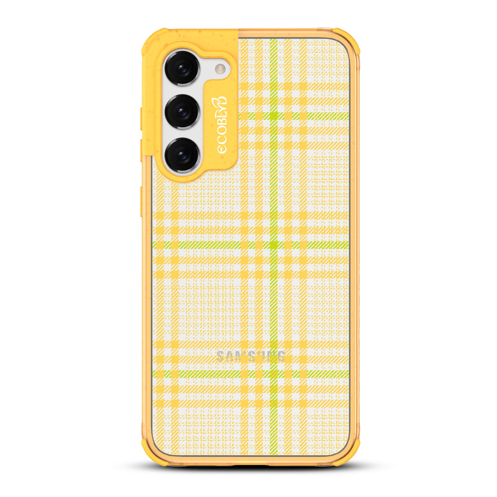 As If - Yellow Eco-Friendly Galaxy S23 Case with Nova Check Plaid Print On A Clear Back
