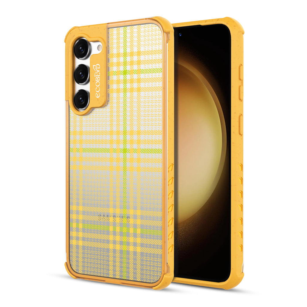 As If - Back View Of Yellow & Clear Eco-Friendly Galaxy S23 Case & A Front View Of The Screen