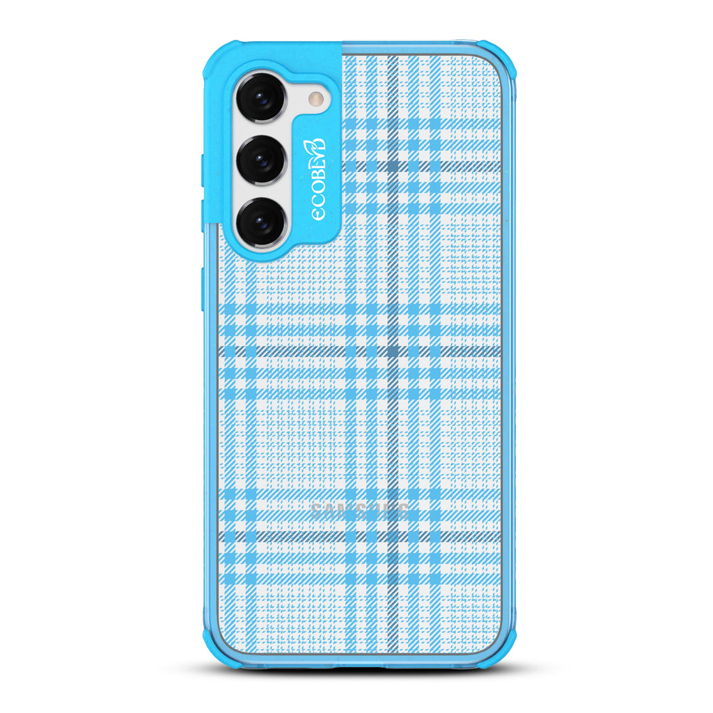 As If - Blue Eco-Friendly Galaxy S23 Case with Nova Check Plaid Print On A Clear Back