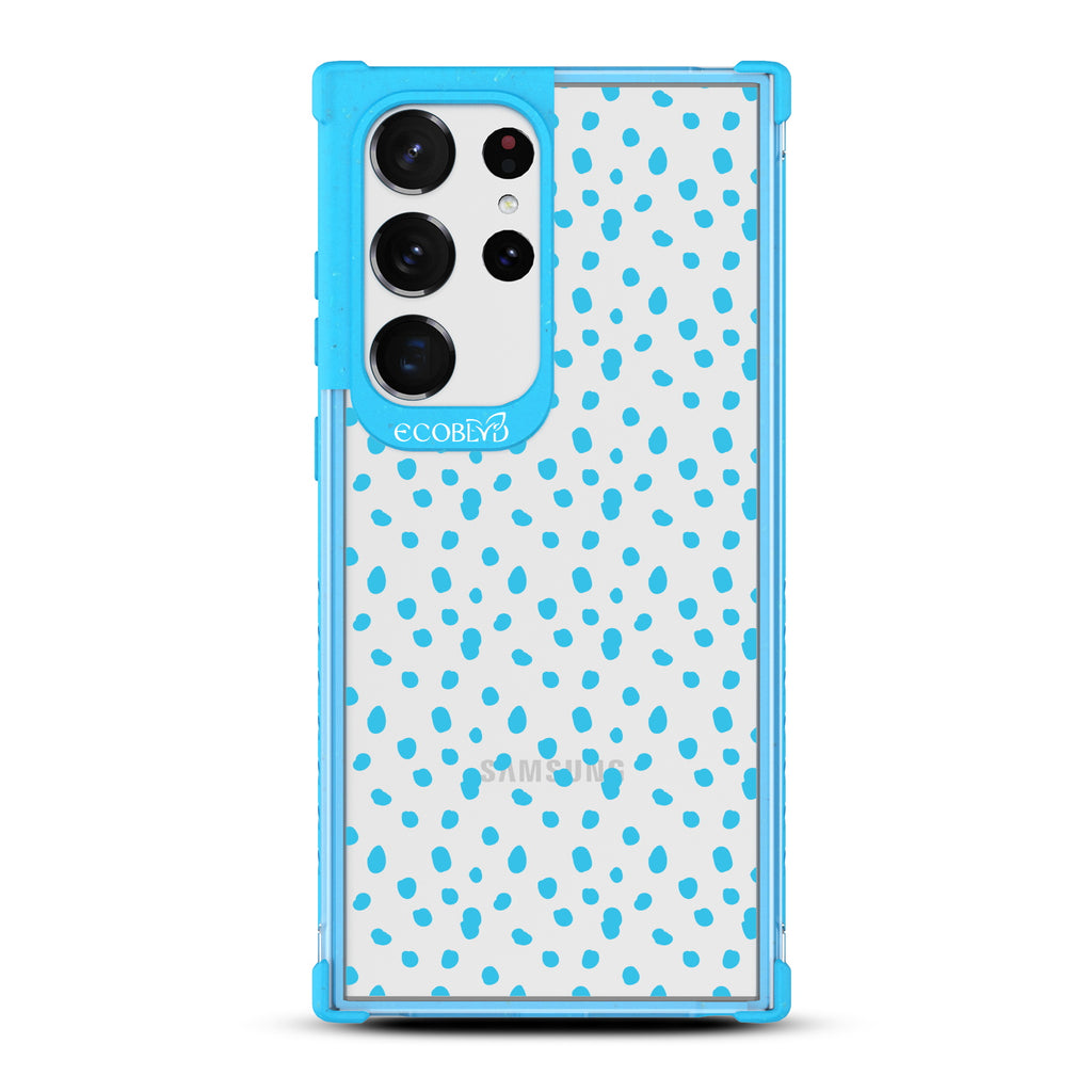 On The Dot - Blue Eco-Friendly Galaxy S23 Ultra Case With A Polka Dot Pattern On A Clear Back