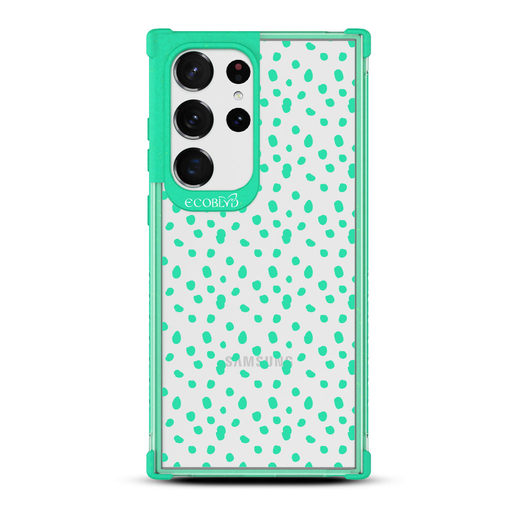 On The Dot - Green Eco-Friendly Galaxy S23 Ultra Case With A Polka Dot Pattern On A Clear Back