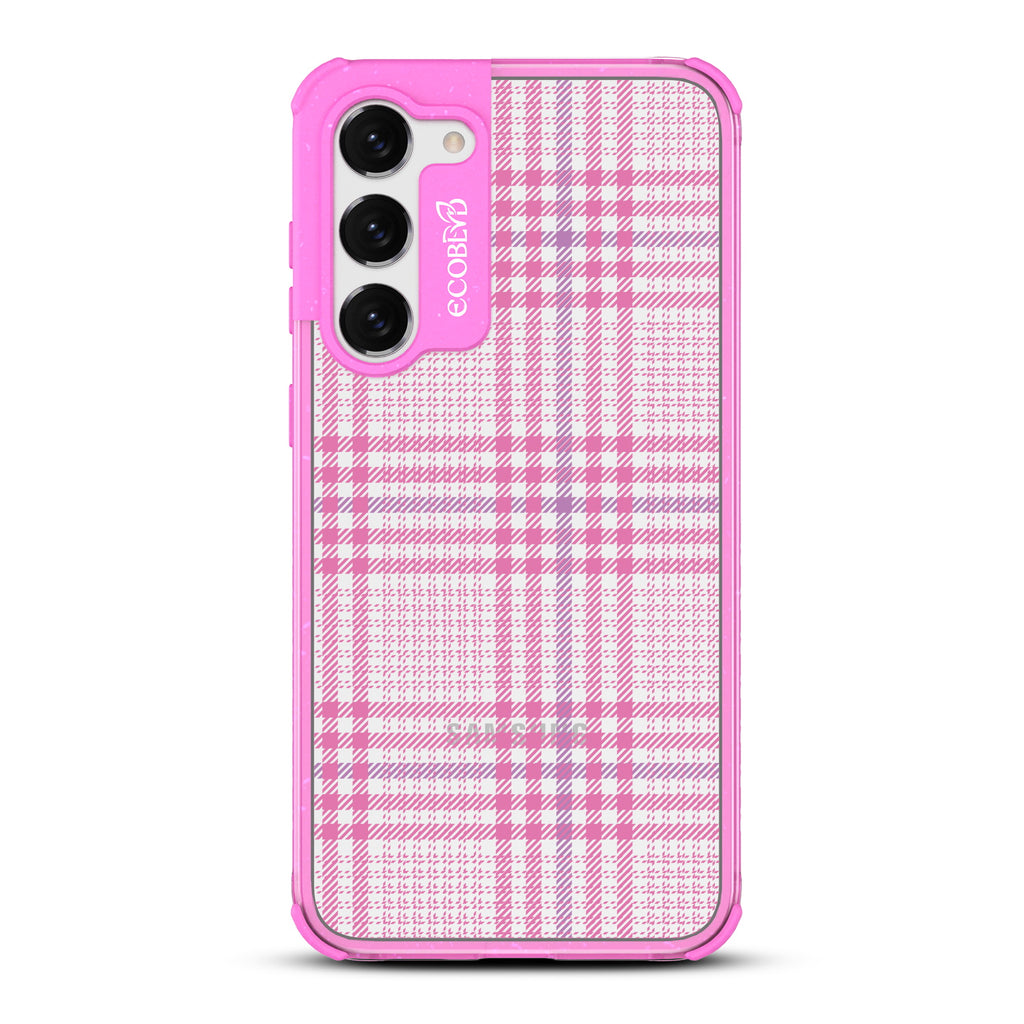 As If - Pink Eco-Friendly Galaxy S23 Case with Nova Check Plaid Print On A Clear Back