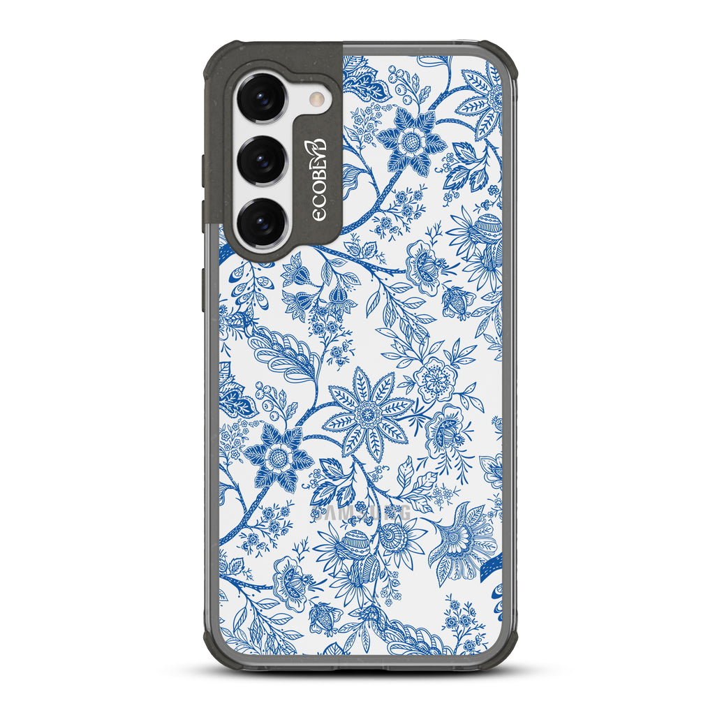 Flower Crown  - Black Eco-Friendly Galaxy S23 Case With Blue Toile De Jouy Floral Pattern On A Clear Back