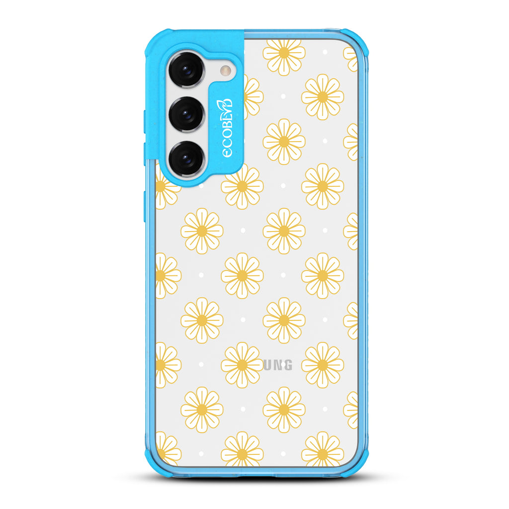 Daisy - Blue Eco-Friendly Galaxy S23 Case with Yellow Outlined Daisies On A Clear Back