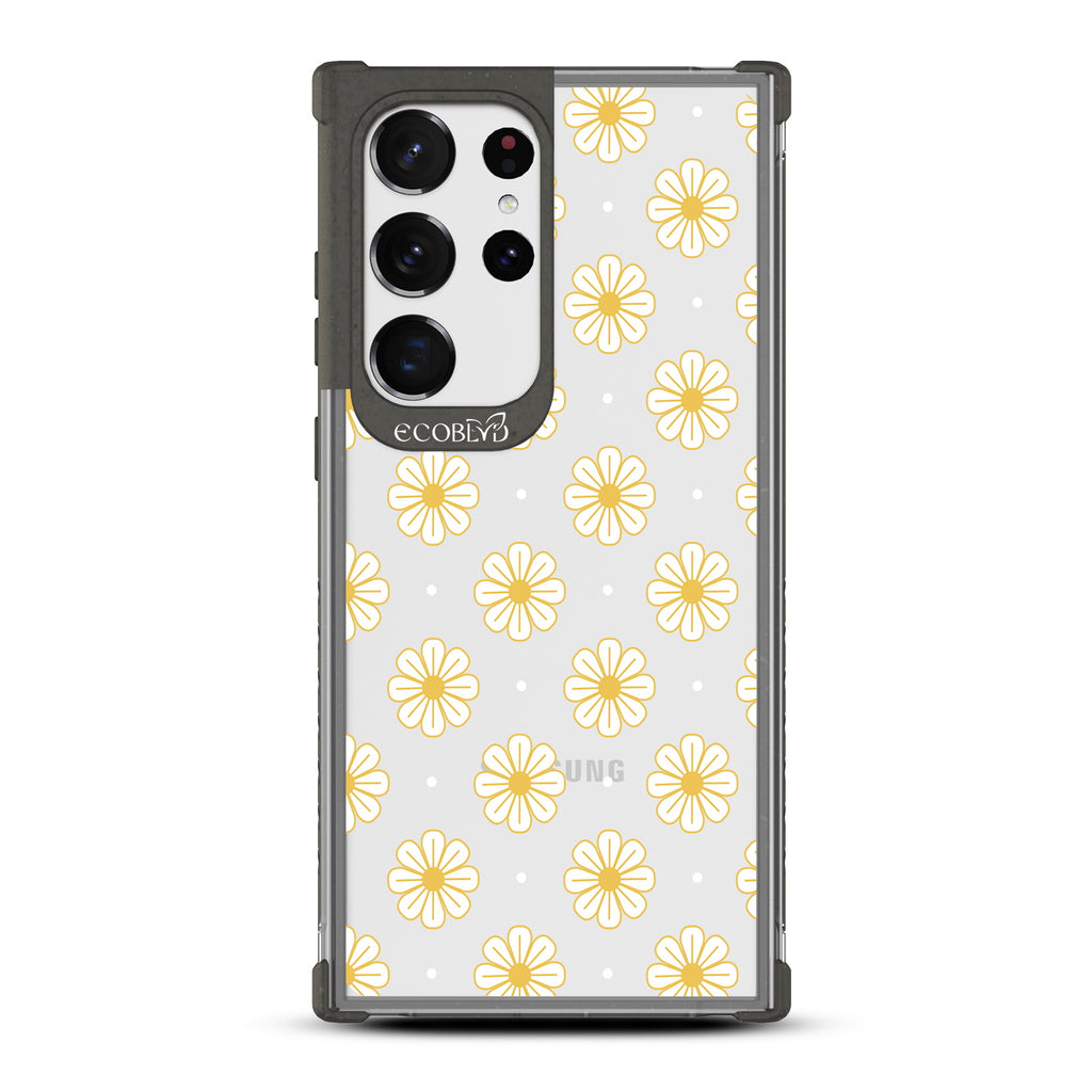Daisy - Black Eco-Friendly Galaxy S23 Ultra Case with Yellow Outlined Daisies On A Clear Back