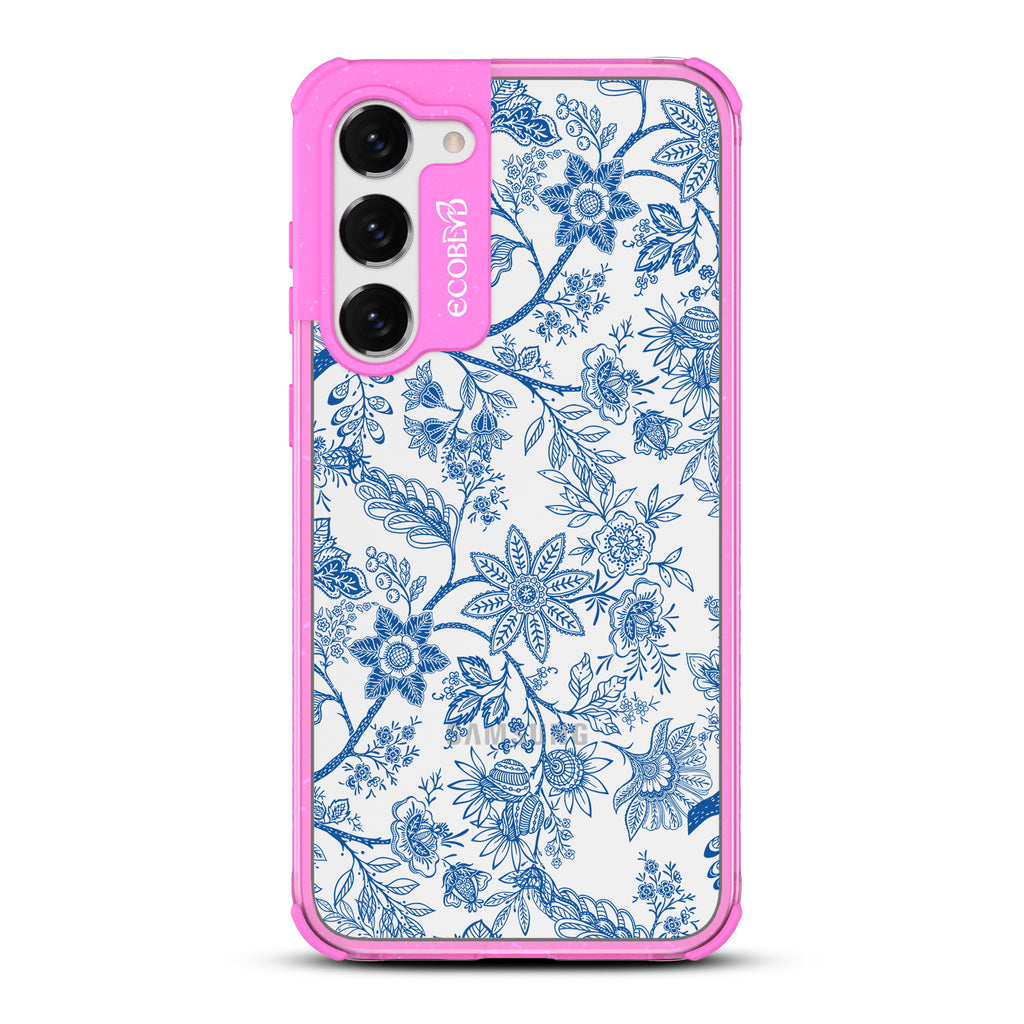 Flower Crown - Pink Eco-Friendly Galaxy S23 Case With Blue Toile De Jouy Floral Pattern On A Clear Back