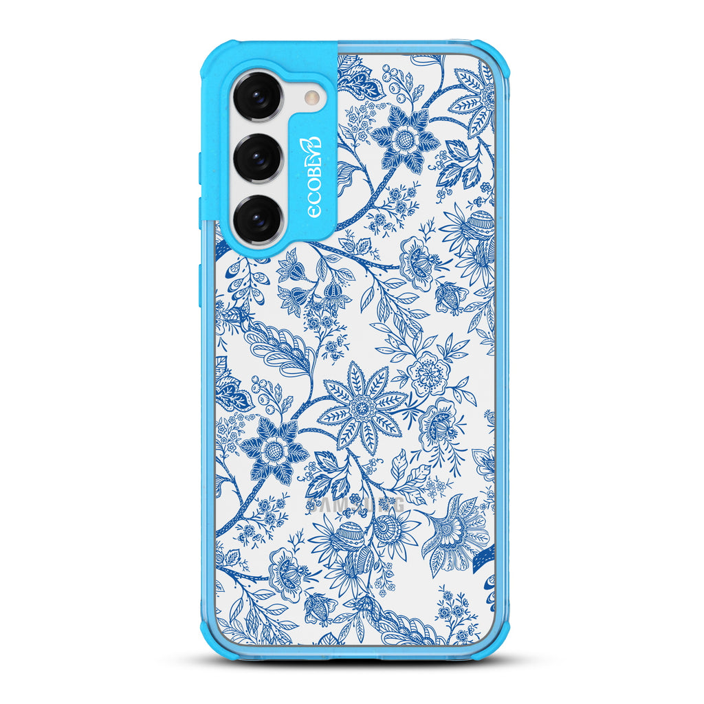 Flower Crown - Blue Eco-Friendly Galaxy S23 Case With Blue Toile De Jouy Floral Pattern On A Clear Back