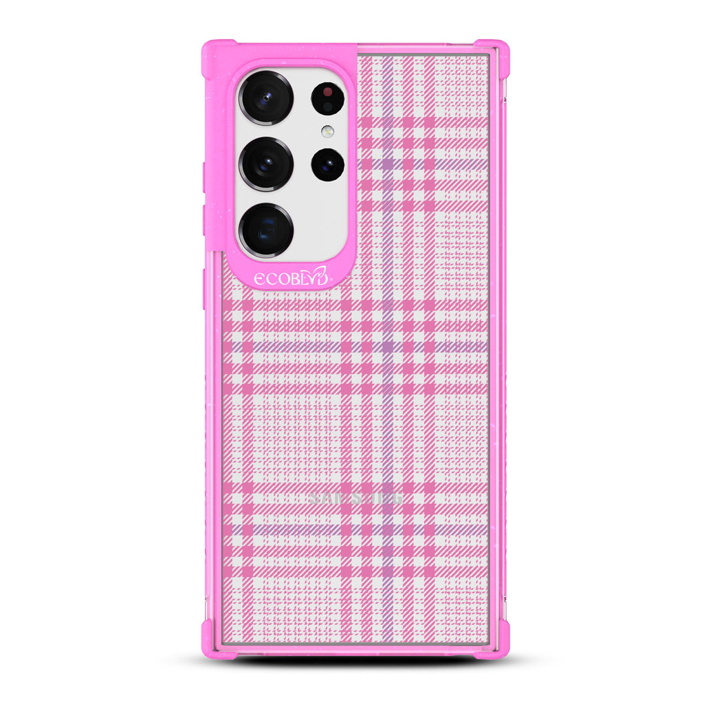As If - Pink Eco-Friendly Galaxy S23 Ultra Case with Nova Check Plaid Print On A Clear Ba
