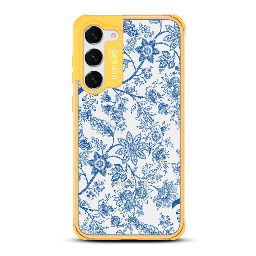 Flower Crown - Yellow Eco-Friendly Galaxy S23 Plus Case With Blue Toile De Jouy Floral Pattern On A Clear Back