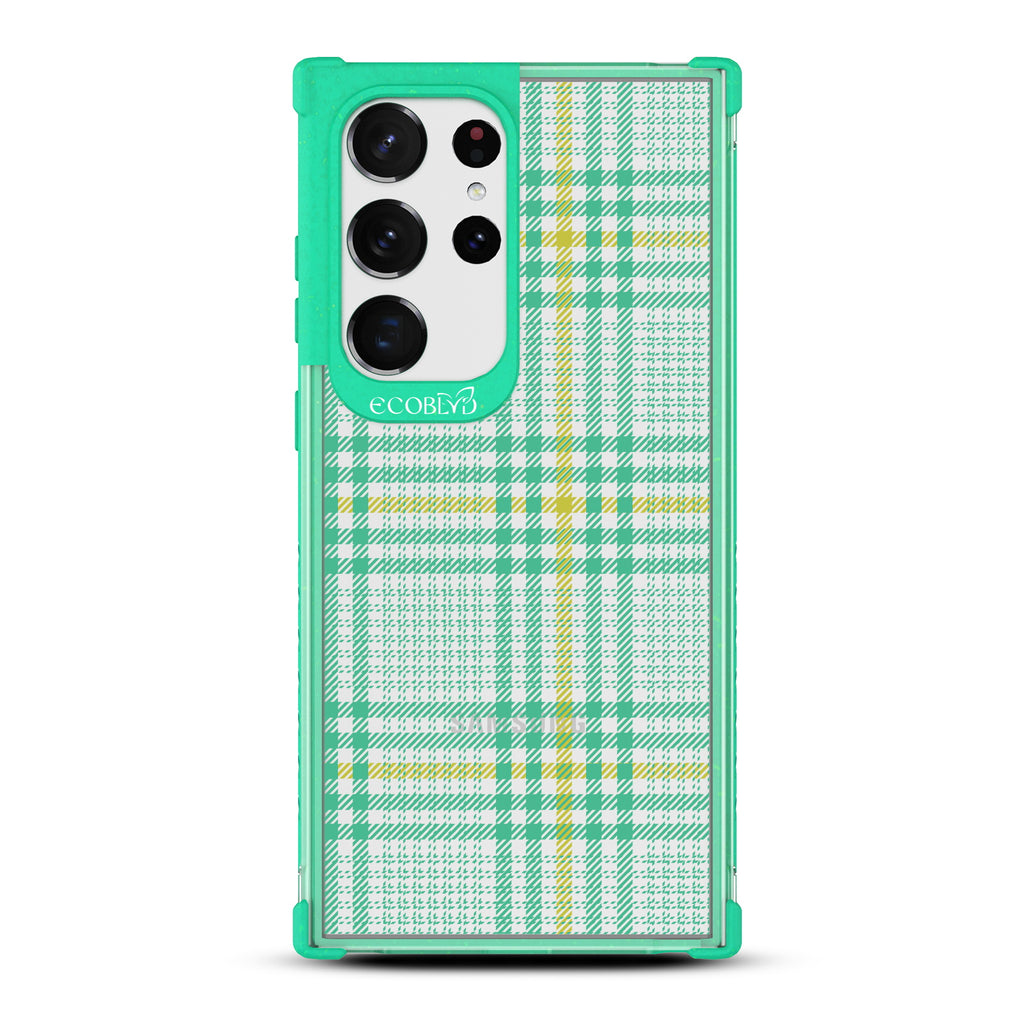 As If - Green Eco-Friendly Galaxy S23 Ultra Case with Green/Yellow Nova Check Plaid Print On A Clear Back