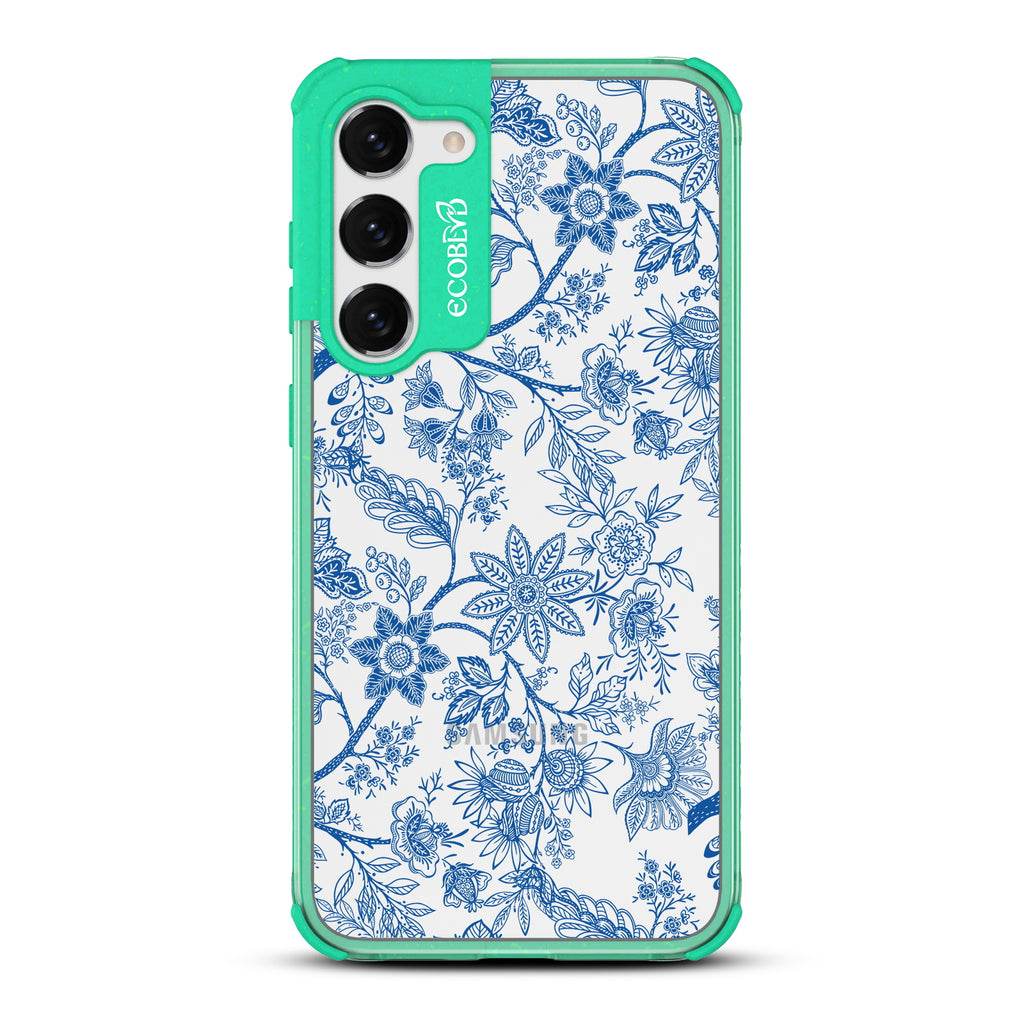 Flower Crown - Green Eco-Friendly Galaxy S23 Plus Case With Blue Toile De Jouy Floral Pattern On A Clear Back