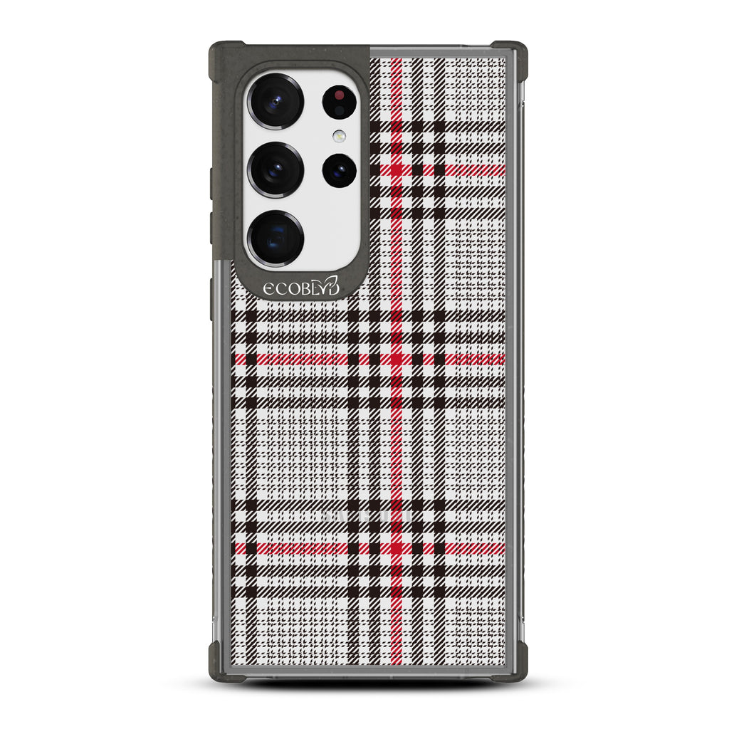 As If - Black Eco-Friendly Galaxy S23 Ultra Case with Black/Red Nova Check Plaid Print On A Clear Back