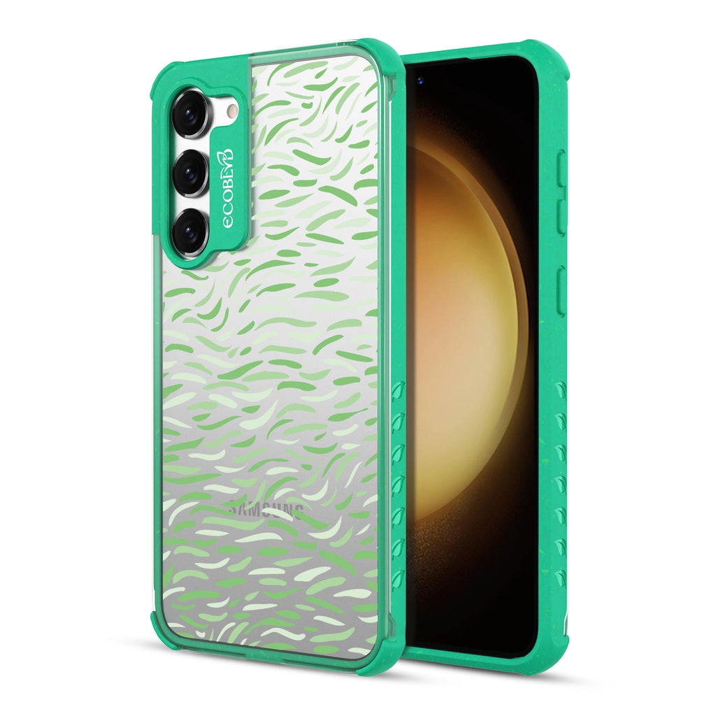 Brush Stroke - Back View Of Green & Clear Eco-Friendly Galaxy S23 Case & A Front View Of The Screen