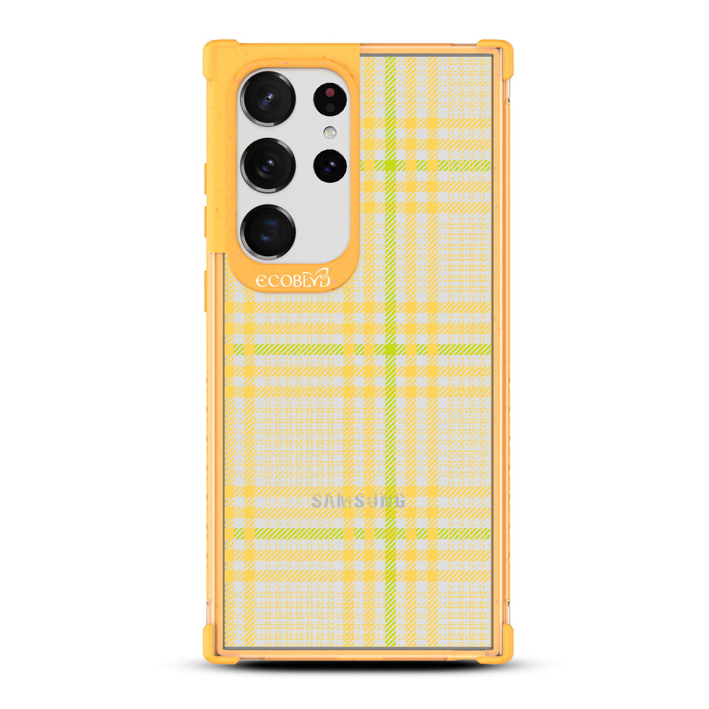 As If - Yellow Eco-Friendly Galaxy S23 Ultra Case with Nova Check Plaid Print On A Clear Back