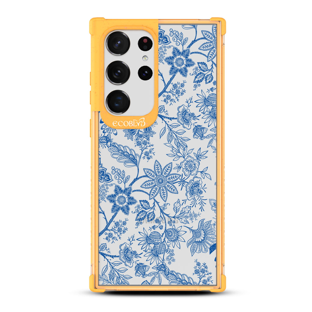 Flower Crown - Yellow Eco-Friendly Galaxy S23 Ultra Case With Blue Toile De Jouy Floral Pattern On A Clear Back
