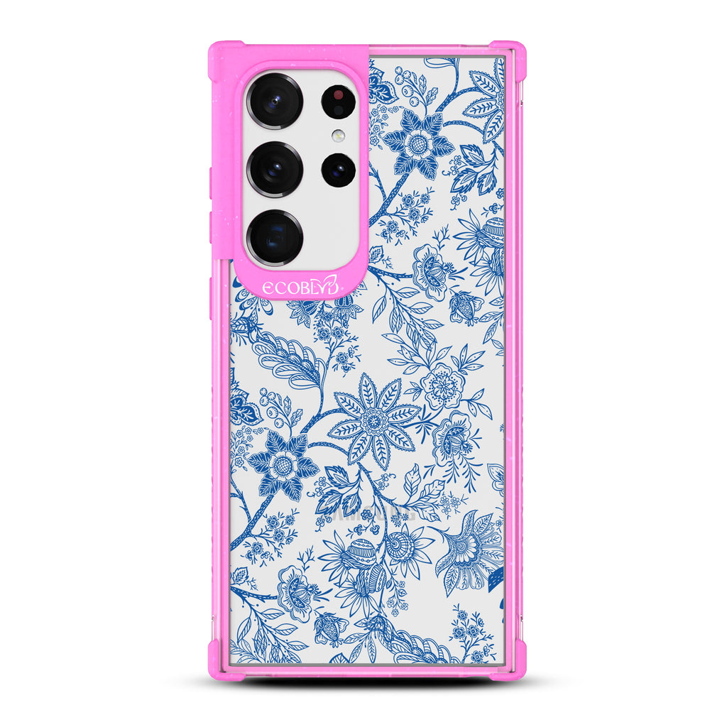 Flower Crown - Pink Eco-Friendly Galaxy S23 Ultra Case With Blue Toile De Jouy Floral Pattern On A Clear Back