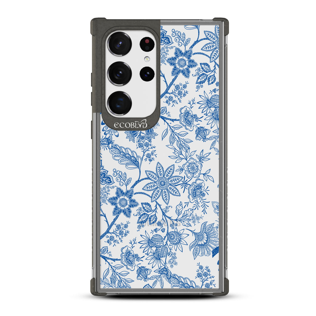 Flower Crown - Black Eco-Friendly Galaxy S23 Ultra Case With Blue Toile De Jouy Floral Pattern On A Clear Back