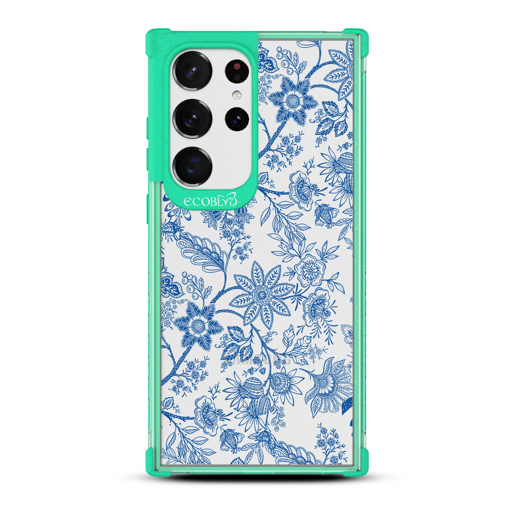 Flower Crown - Green Eco-Friendly Galaxy S23 Ultra Case With Blue Toile De Jouy Floral Pattern On A Clear Back
