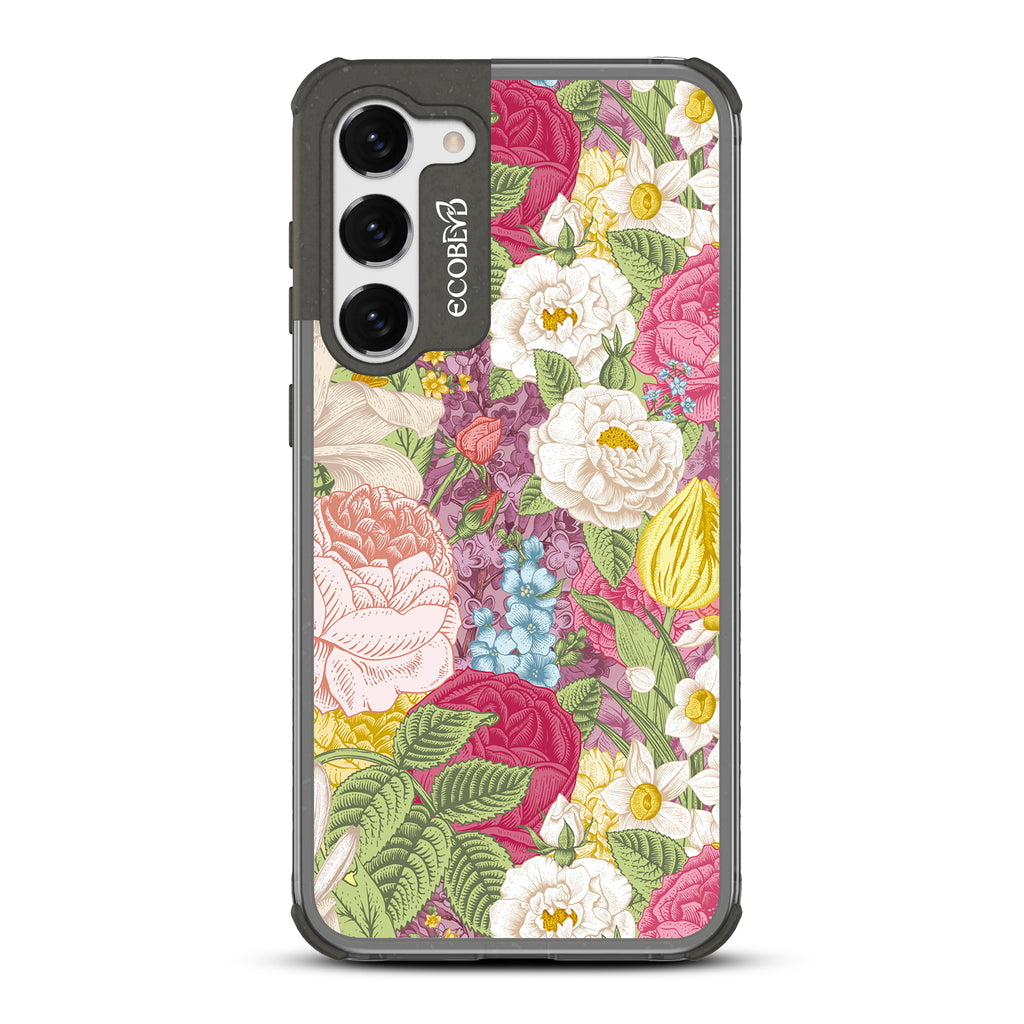 In Bloom - Black Eco-Friendly Galaxy S23 Plus Case With A Bright Watercolor Floral Arrangement On A Clear Back