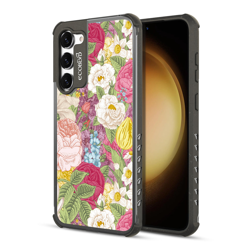 In Bloom - Back View Of Black & Clear Eco-Friendly Galaxy S23 Case & A Front View Of The Screen