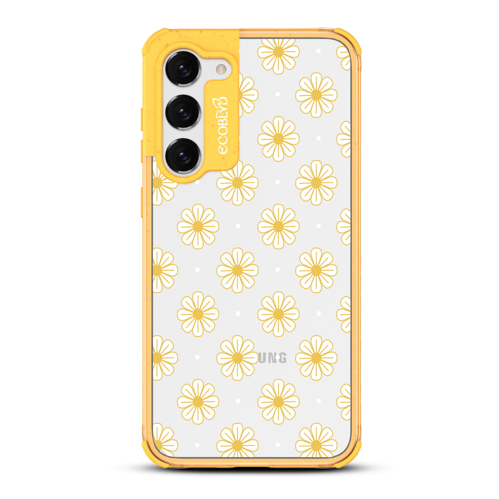 Daisy - Yellow Eco-Friendly Galaxy S23 Case with Yellow Outlined Daisies On A Clear Back