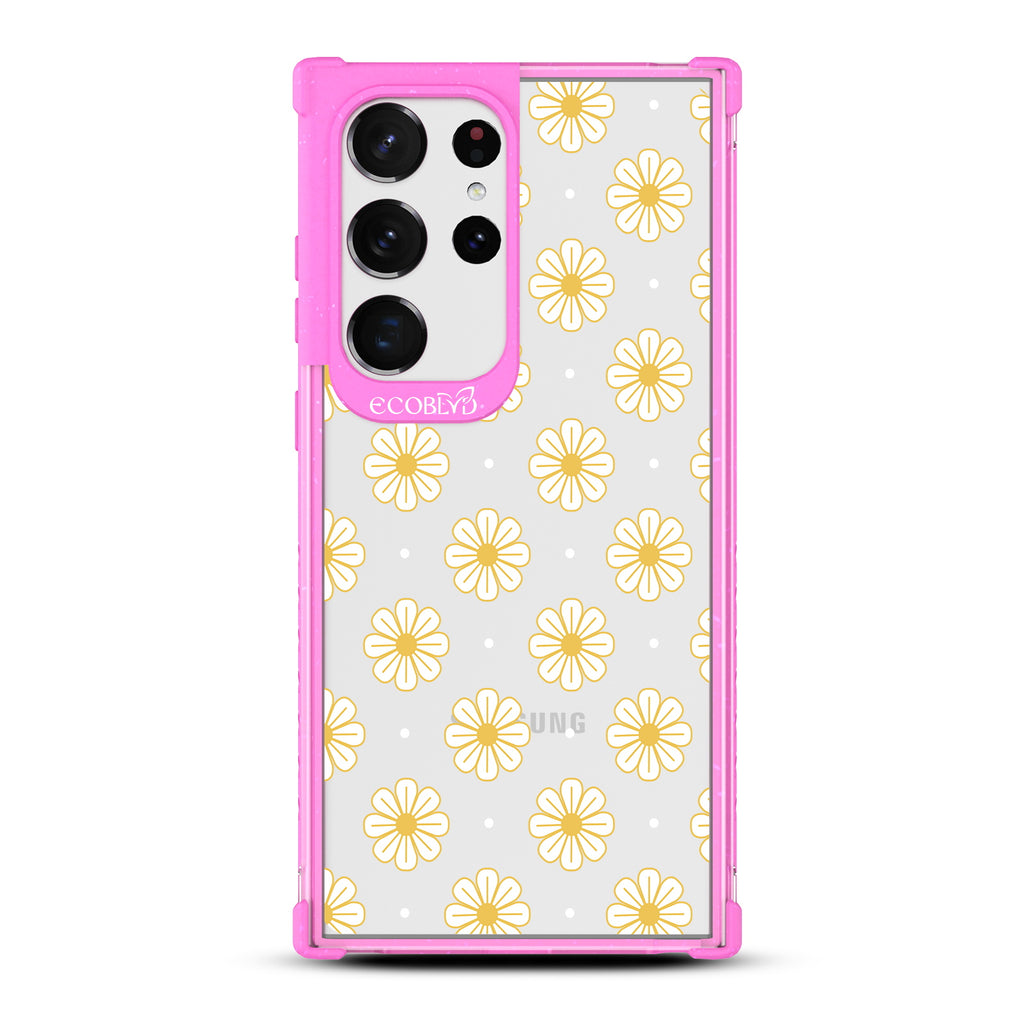 Daisy - Pink Eco-Friendly Galaxy S23 Ultra Case with Yellow Outlined Daisies On A Clear Back