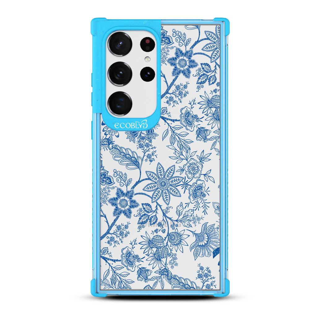 Flower Crown - Blue Eco-Friendly Galaxy S23 Ultra Case With Blue Toile De Jouy Floral Pattern On A Clear Back