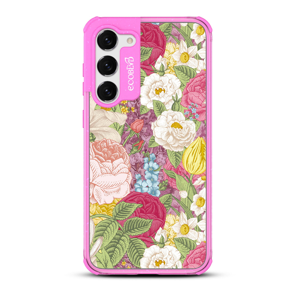 In Bloom - Pink Eco-Friendly Galaxy S23 Case With A Bright Watercolor Floral Arrangement On A Clear Back